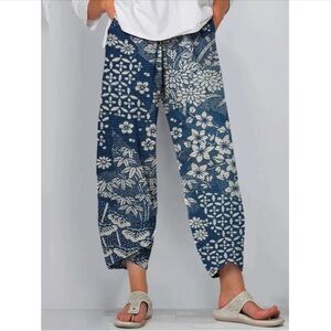 Vintage Japanese Flower Print Blue Women's Pants M